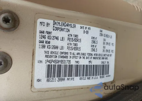 2000 Plymouth Voyager Se from USA, damaged, VIN 1P4GP45G0YB531735